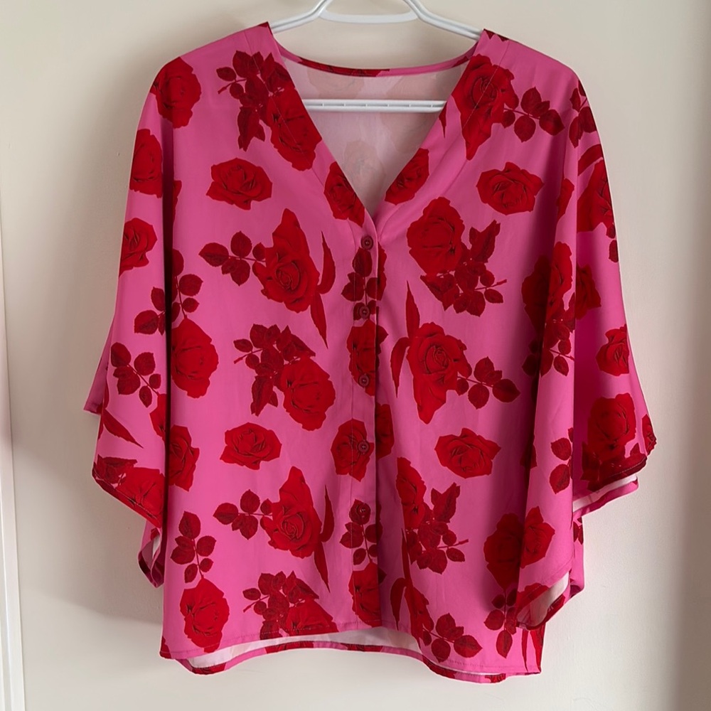 SHEIN Pink and Red Bat Sleeve Blouse